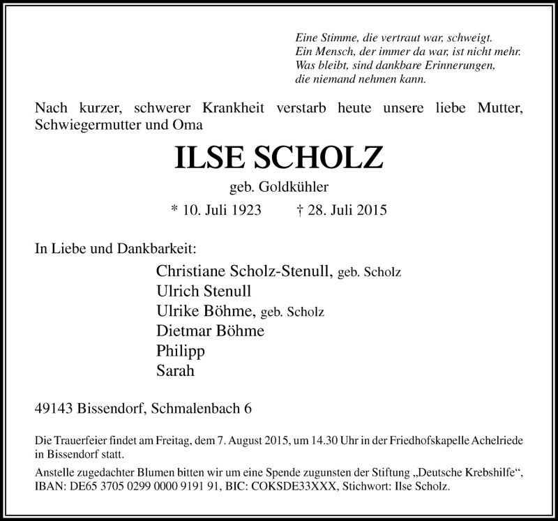  Traueranzeige für Ilse Scholz vom 03.08.2015 aus Neue Osnabrücker Zeitung GmbH & Co. KG