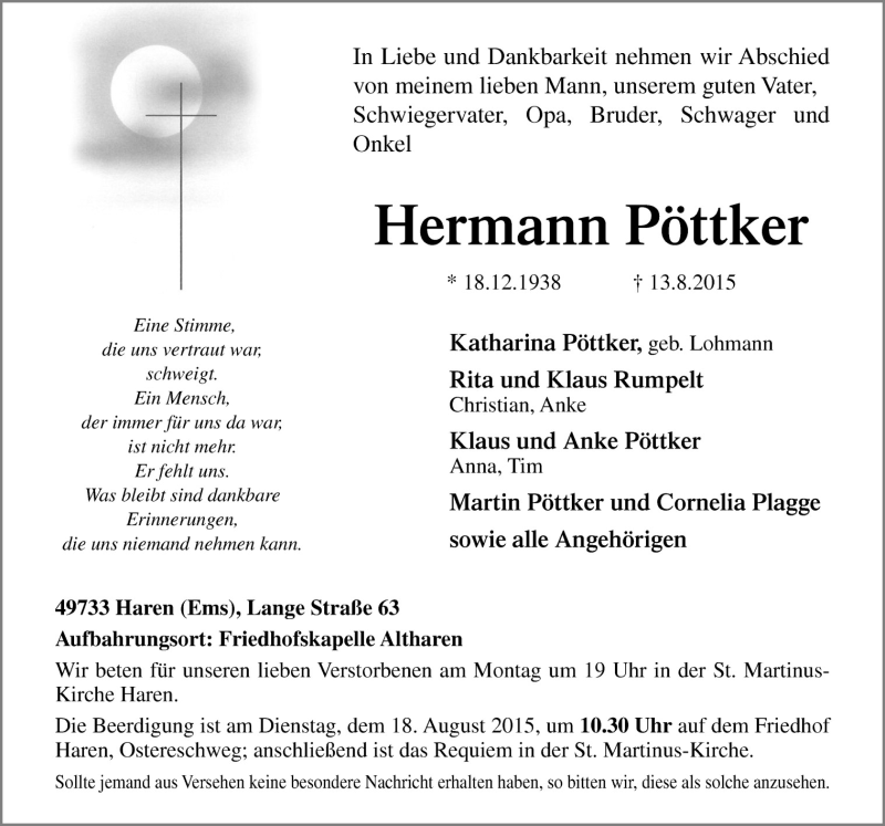  Traueranzeige für Hermann Pöttker vom 15.08.2015 aus Neue Osnabrücker Zeitung GmbH & Co. KG