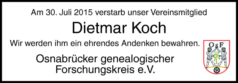  Traueranzeige für Dietmar Koch vom 08.08.2015 aus Neue Osnabrücker Zeitung GmbH & Co. KG