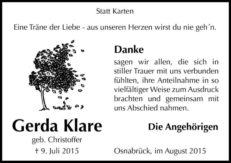  Traueranzeige für Gerda Klare vom 15.08.2015 aus Neue Osnabrücker Zeitung GmbH & Co. KG