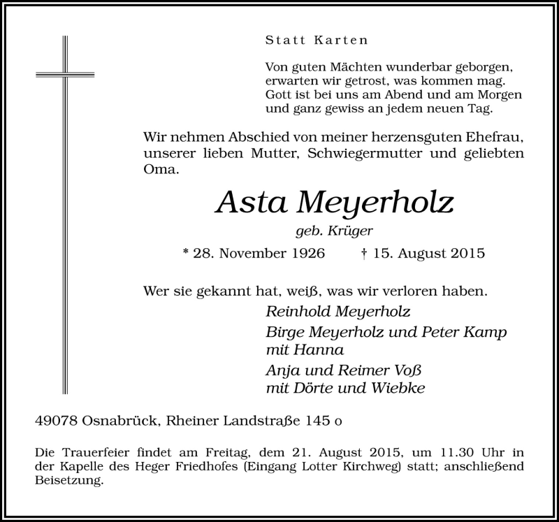  Traueranzeige für Asta Meyerholz vom 19.08.2015 aus Neue Osnabrücker Zeitung GmbH & Co. KG