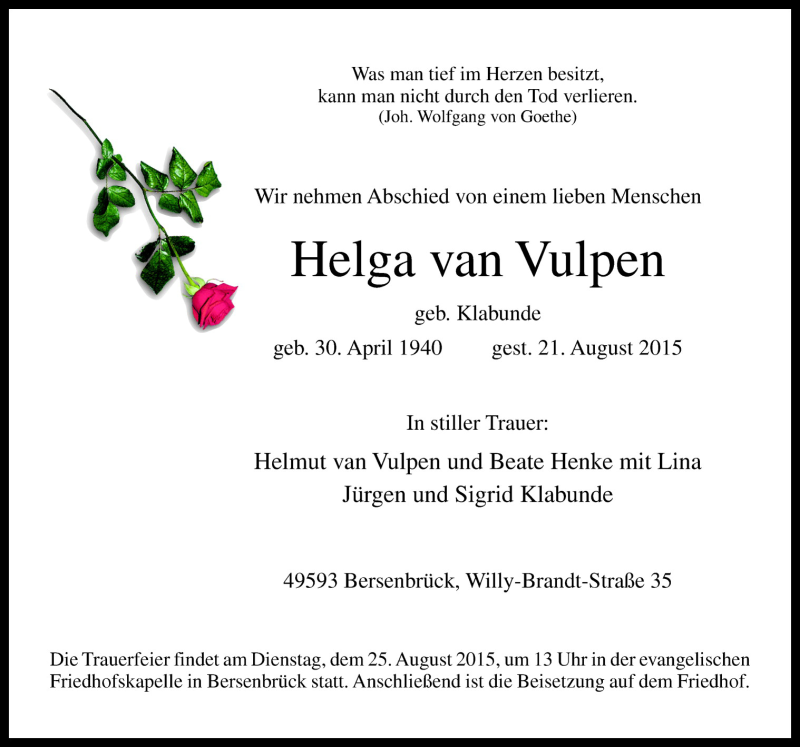  Traueranzeige für Helga van Vulpen vom 24.08.2015 aus Neue Osnabrücker Zeitung GmbH & Co. KG