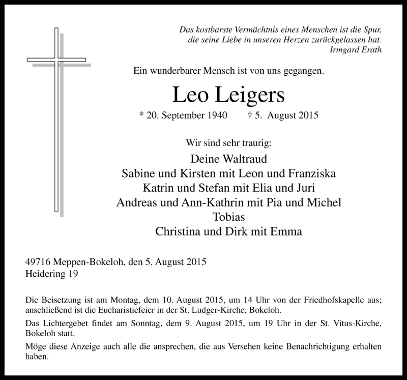  Traueranzeige für Leo Leigers vom 07.08.2015 aus Neue Osnabrücker Zeitung GmbH & Co. KG