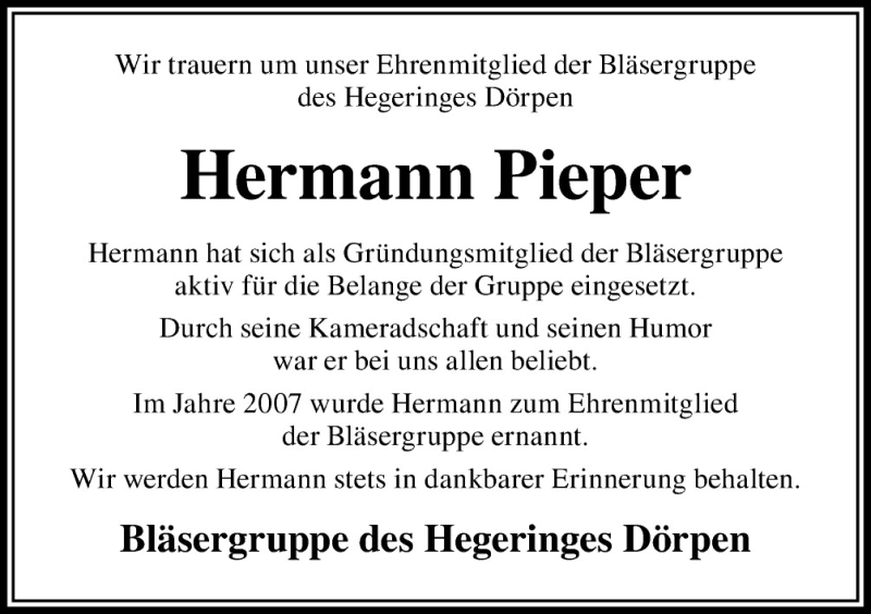  Traueranzeige für Hermann Pieper vom 04.08.2015 aus Neue Osnabrücker Zeitung GmbH & Co. KG