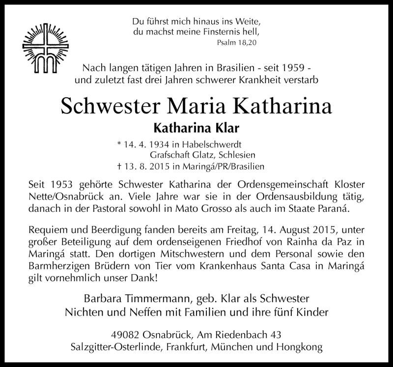  Traueranzeige für Katharina Klar vom 19.08.2015 aus Neue Osnabrücker Zeitung GmbH & Co. KG