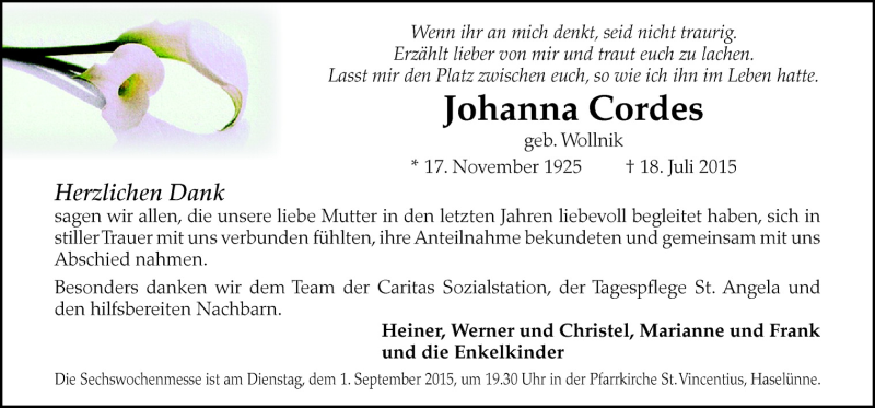  Traueranzeige für Johanna Cordes vom 29.08.2015 aus Neue Osnabrücker Zeitung GmbH & Co. KG