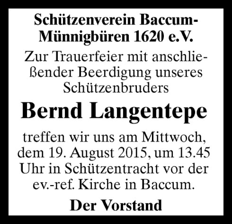  Traueranzeige für Bernd Langentepe vom 18.08.2015 aus Neue Osnabrücker Zeitung GmbH & Co. KG