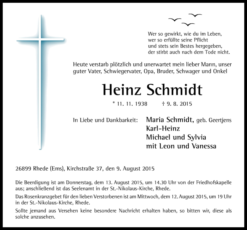  Traueranzeige für Heinz Schmidt vom 10.08.2015 aus Neue Osnabrücker Zeitung GmbH & Co. KG