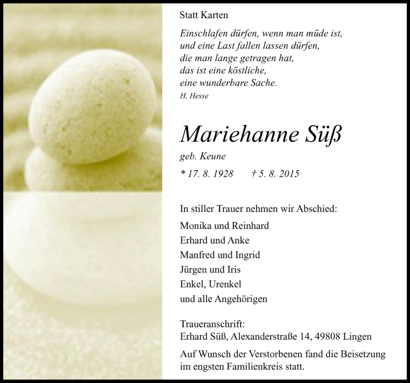  Traueranzeige für Mariehanne Süß vom 11.08.2015 aus Neue Osnabrücker Zeitung GmbH & Co. KG