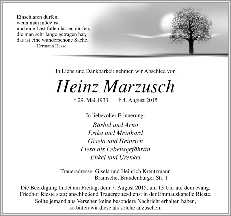  Traueranzeige für Heinz Marzusch vom 06.08.2015 aus Neue Osnabrücker Zeitung GmbH & Co. KG