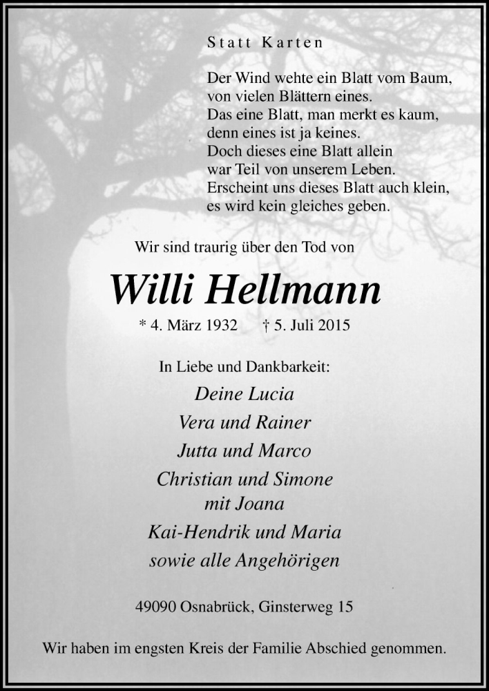  Traueranzeige für Willi Hellmann vom 08.08.2015 aus Neue Osnabrücker Zeitung GmbH & Co. KG