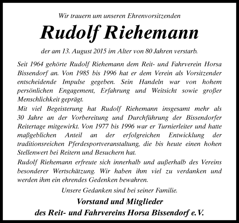  Traueranzeige für Rudolf  Riehemann vom 21.08.2015 aus Neue Osnabrücker Zeitung GmbH & Co. KG