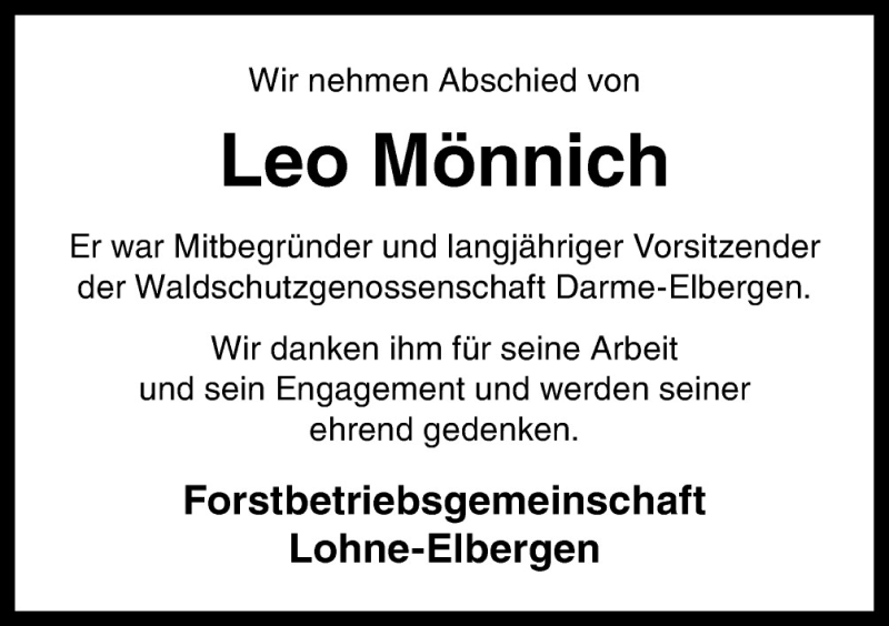  Traueranzeige für Leo Mönnich vom 05.08.2015 aus Neue Osnabrücker Zeitung GmbH & Co. KG