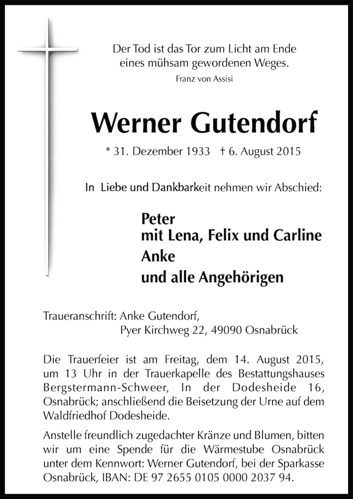  Traueranzeige für Werner Gutendorf vom 10.08.2015 aus Neue Osnabrücker Zeitung GmbH & Co. KG