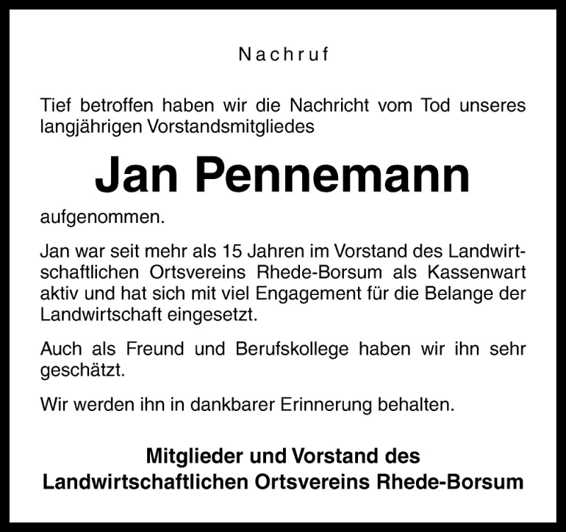  Traueranzeige für Jan Pennemann vom 06.08.2015 aus Neue Osnabrücker Zeitung GmbH & Co. KG