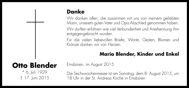  Traueranzeige für Otto Blender vom 05.08.2015 aus Neue Osnabrücker Zeitung GmbH & Co. KG
