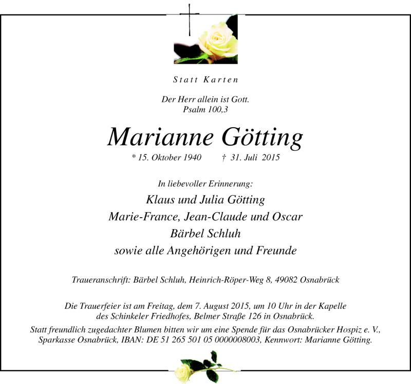  Traueranzeige für Marianne Götting vom 05.08.2015 aus Neue Osnabrücker Zeitung GmbH & Co. KG