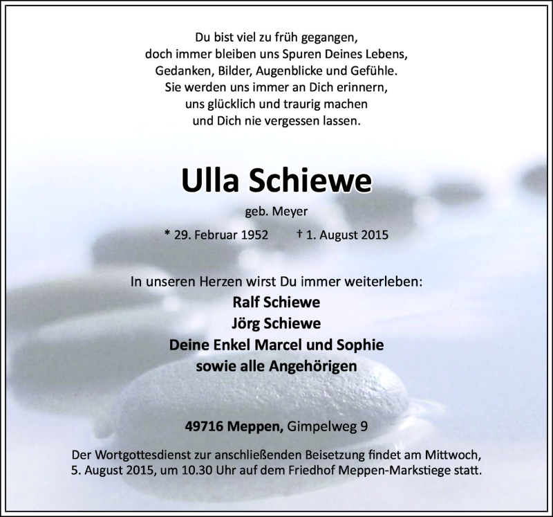  Traueranzeige für Ulla Schiewe vom 03.08.2015 aus Neue Osnabrücker Zeitung GmbH & Co. KG