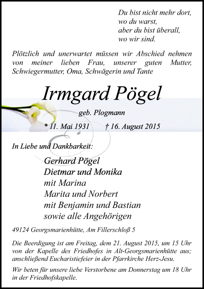  Traueranzeige für Irmgard Pögel vom 19.08.2015 aus Neue Osnabrücker Zeitung GmbH & Co. KG