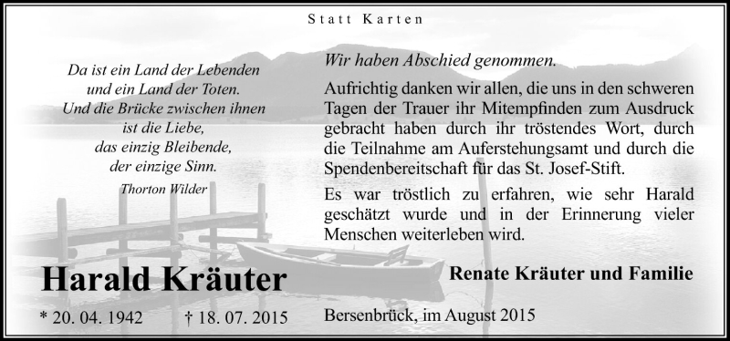  Traueranzeige für Harald Kräuter vom 22.08.2015 aus Neue Osnabrücker Zeitung GmbH & Co. KG