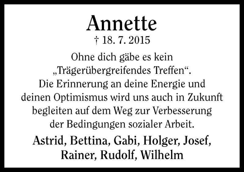  Traueranzeige für Annette Müller vom 08.08.2015 aus Neue Osnabrücker Zeitung GmbH & Co. KG