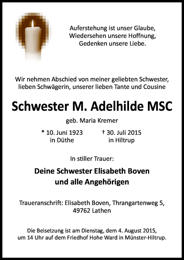  Traueranzeige für M. Adelhilde  vom 03.08.2015 aus Neue Osnabrücker Zeitung GmbH & Co. KG