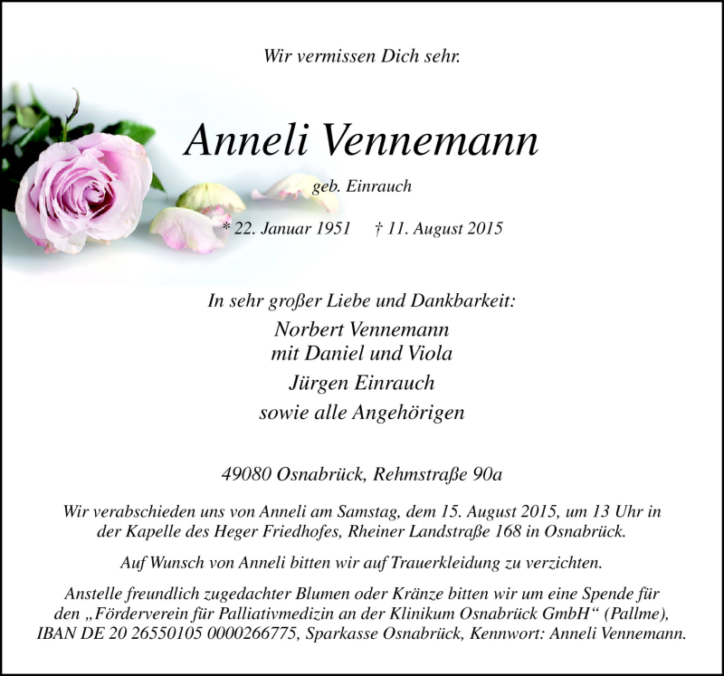  Traueranzeige für Annelie Vennemann vom 13.08.2015 aus Neue Osnabrücker Zeitung GmbH & Co. KG