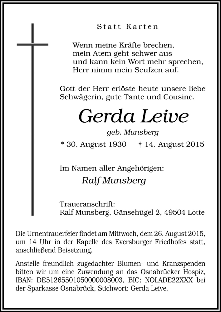  Traueranzeige für Gerda Leive vom 22.08.2015 aus Neue Osnabrücker Zeitung GmbH & Co. KG
