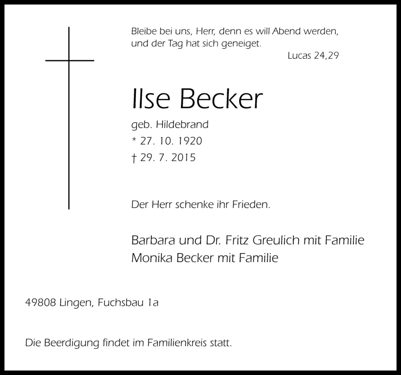  Traueranzeige für Ilse Becker vom 04.08.2015 aus Neue Osnabrücker Zeitung GmbH & Co. KG