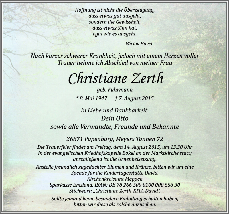  Traueranzeige für Christiane Zerth vom 10.08.2015 aus Neue Osnabrücker Zeitung GmbH & Co. KG