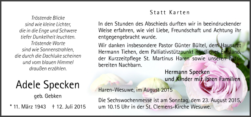  Traueranzeige für Adele Specken vom 19.08.2015 aus Neue Osnabrücker Zeitung GmbH & Co. KG