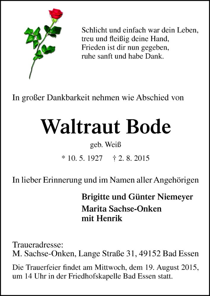  Traueranzeige für Waltraut Bode vom 15.08.2015 aus Neue Osnabrücker Zeitung GmbH & Co. KG