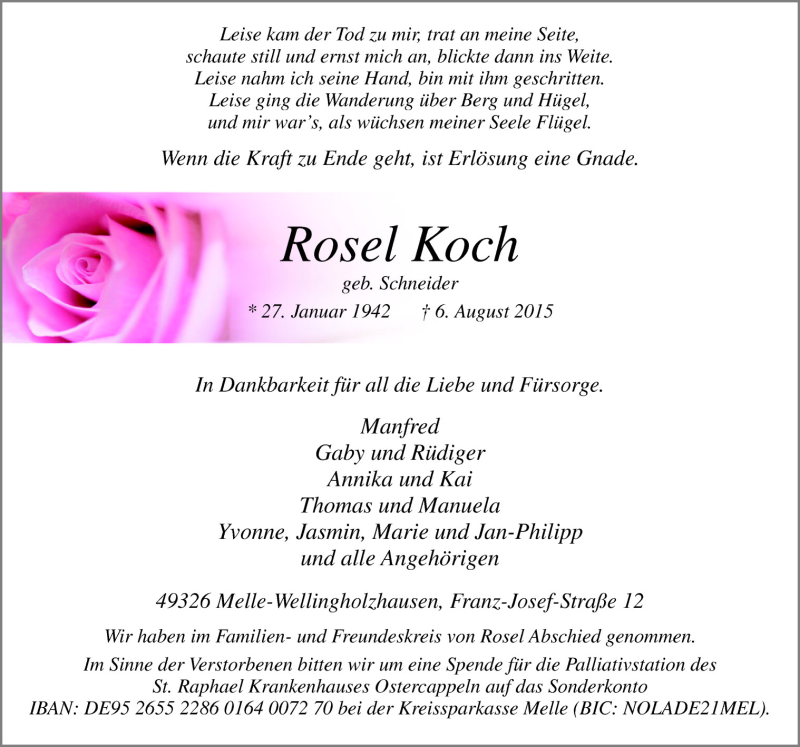  Traueranzeige für Rosel Koch vom 15.08.2015 aus Neue Osnabrücker Zeitung GmbH & Co. KG