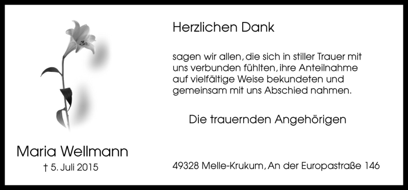  Traueranzeige für Maria Wellmann vom 15.08.2015 aus Neue Osnabrücker Zeitung GmbH & Co. KG
