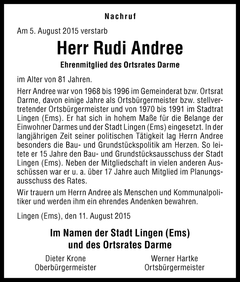  Traueranzeige für Rudi Andree vom 11.08.2015 aus Neue Osnabrücker Zeitung GmbH & Co. KG
