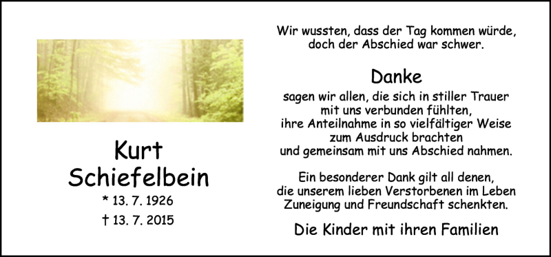  Traueranzeige für Kurt Schiefelbein vom 29.08.2015 aus Neue Osnabrücker Zeitung GmbH & Co. KG