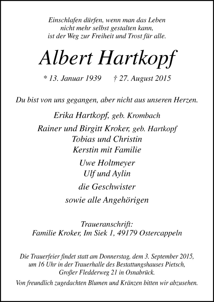  Traueranzeige für Albert Hartkopf vom 29.08.2015 aus Neue Osnabrücker Zeitung GmbH & Co. KG
