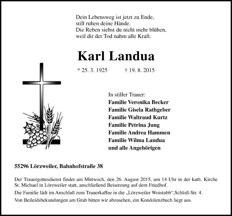  Traueranzeige für Karl Landua vom 22.08.2015 aus Neue Osnabrücker Zeitung GmbH & Co. KG