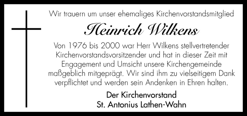  Traueranzeige für Heinrich Wilkens vom 06.08.2015 aus Neue Osnabrücker Zeitung GmbH & Co. KG