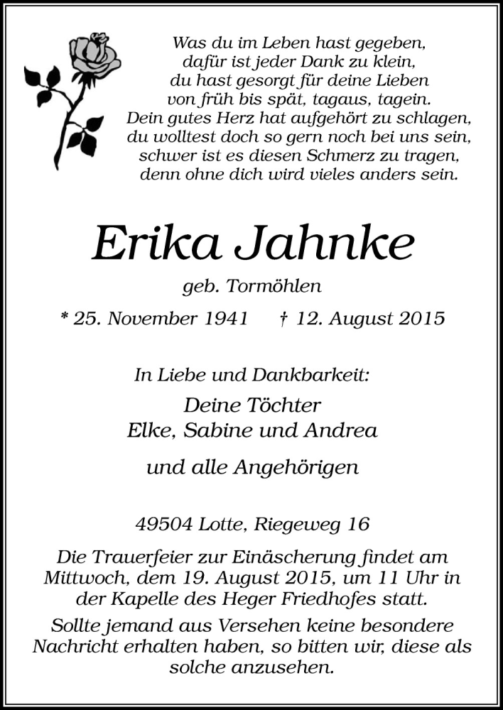  Traueranzeige für Erika Jahnke vom 15.08.2015 aus Neue Osnabrücker Zeitung GmbH & Co. KG