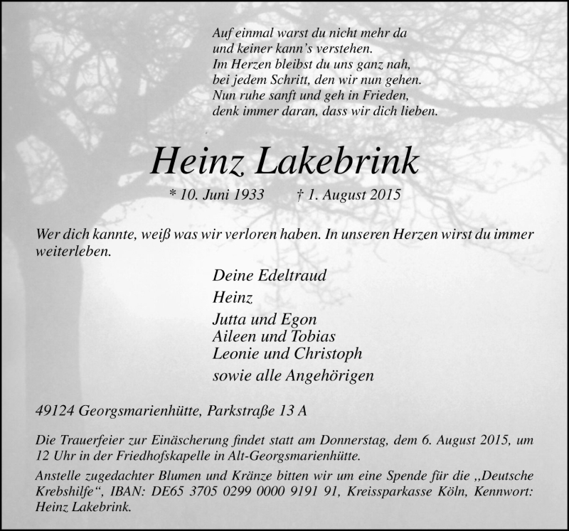  Traueranzeige für Heinz Lakebrink vom 04.08.2015 aus Neue Osnabrücker Zeitung GmbH & Co. KG