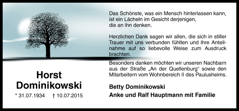  Traueranzeige für Horst Dominikowski vom 08.08.2015 aus Neue Osnabrücker Zeitung GmbH & Co. KG