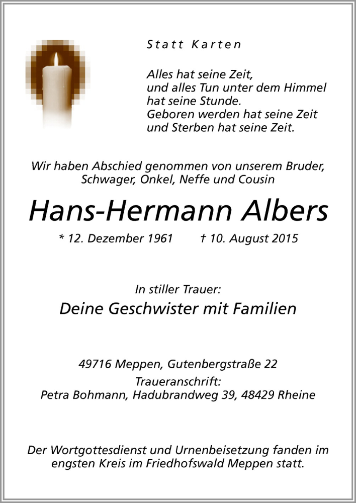  Traueranzeige für Hans-Hermann Albers vom 29.08.2015 aus Neue Osnabrücker Zeitung GmbH & Co. KG
