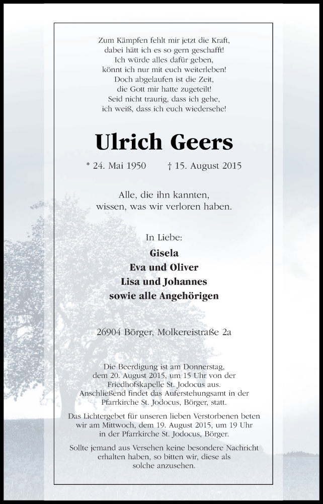  Traueranzeige für Ulrich Geers vom 17.08.2015 aus Neue Osnabrücker Zeitung GmbH & Co. KG