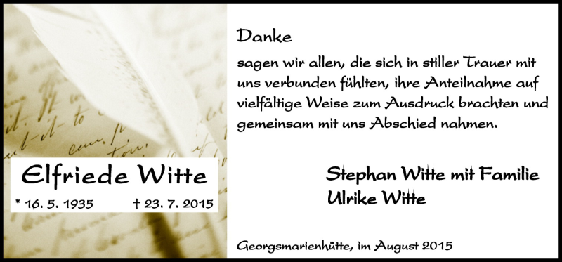  Traueranzeige für Elfriede Witte vom 29.08.2015 aus Neue Osnabrücker Zeitung GmbH & Co. KG