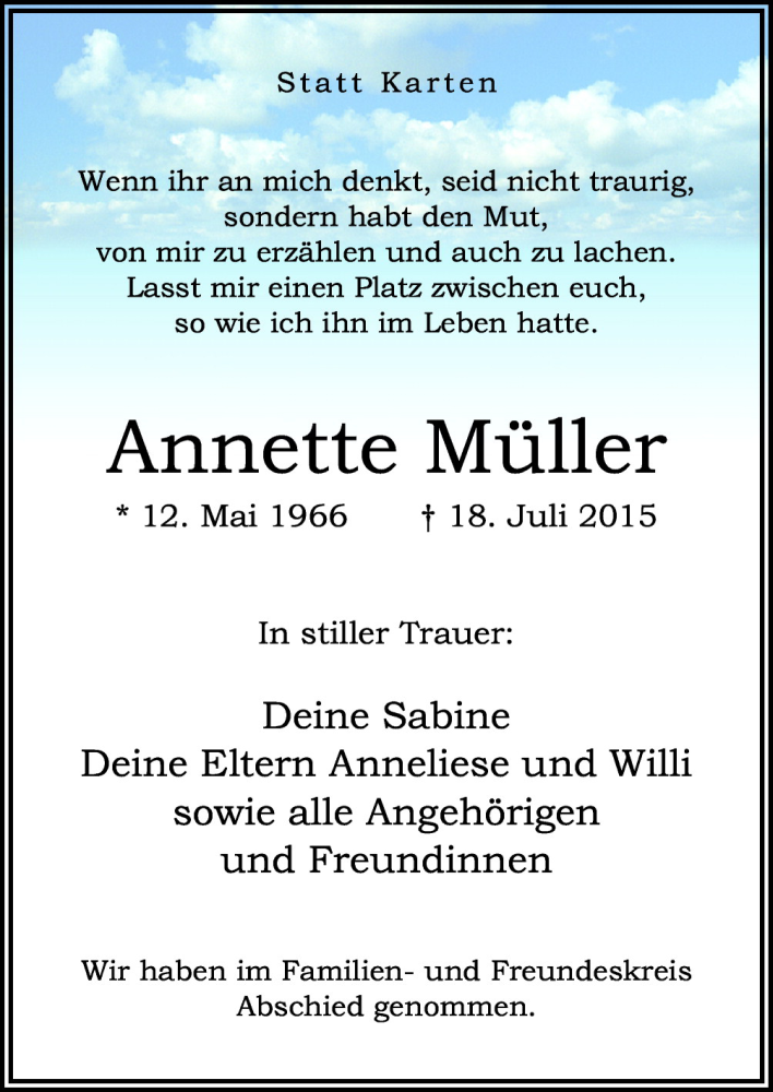  Traueranzeige für Annette Müller vom 08.08.2015 aus Neue Osnabrücker Zeitung GmbH & Co. KG