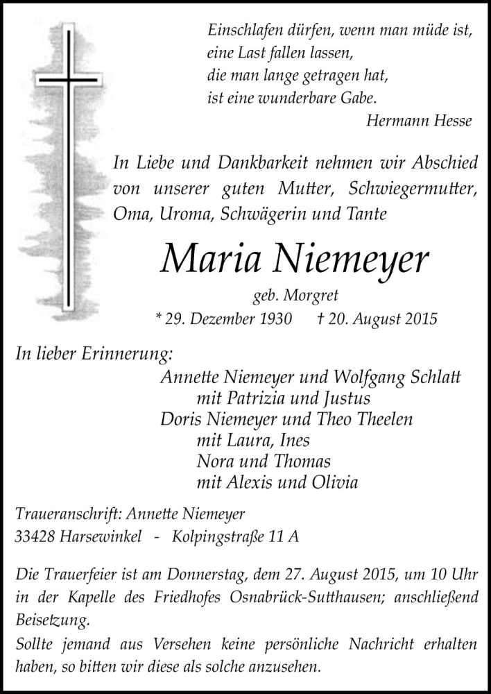  Traueranzeige für Maria Niemeyer vom 24.08.2015 aus Neue Osnabrücker Zeitung GmbH & Co. KG