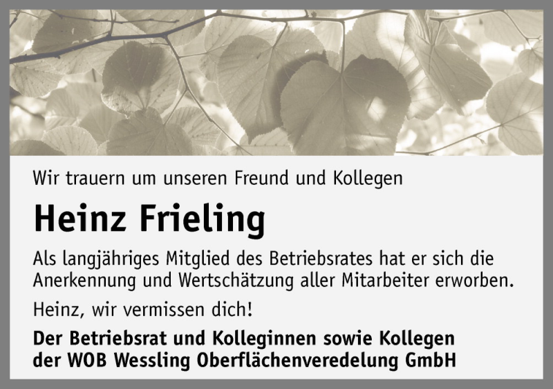  Traueranzeige für Heinz Frieling vom 31.08.2015 aus Neue Osnabrücker Zeitung GmbH & Co. KG