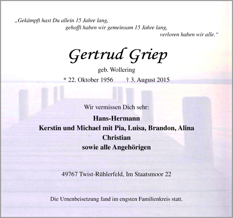  Traueranzeige für Gertrud Griep vom 19.08.2015 aus Neue Osnabrücker Zeitung GmbH & Co. KG