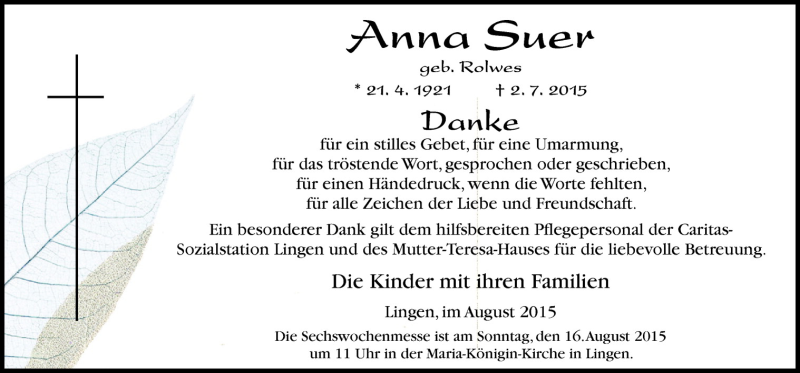  Traueranzeige für Anna Suer vom 12.08.2015 aus Neue Osnabrücker Zeitung GmbH & Co. KG